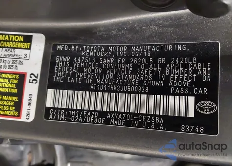 2018 Toyota Camry Se из США, поврежденный, VIN 4T1B11HK3JU600938